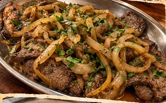Carne com cebolada, comida caseira portuguesa